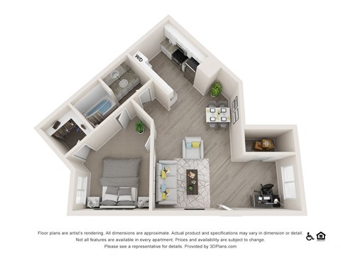 Floor plan for 1 bed, 1 bath, 659 sqft
